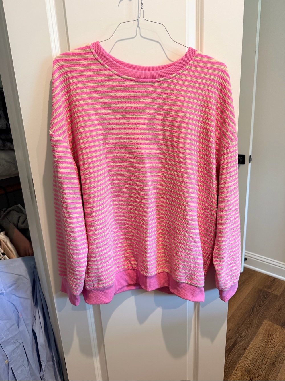 Relaxed Pink Striped Crewneck Sweater